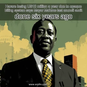 Artistic representation for Harare losing US10 million a year due to opaque billing system says Mayor Mafume last council audit done six years ago